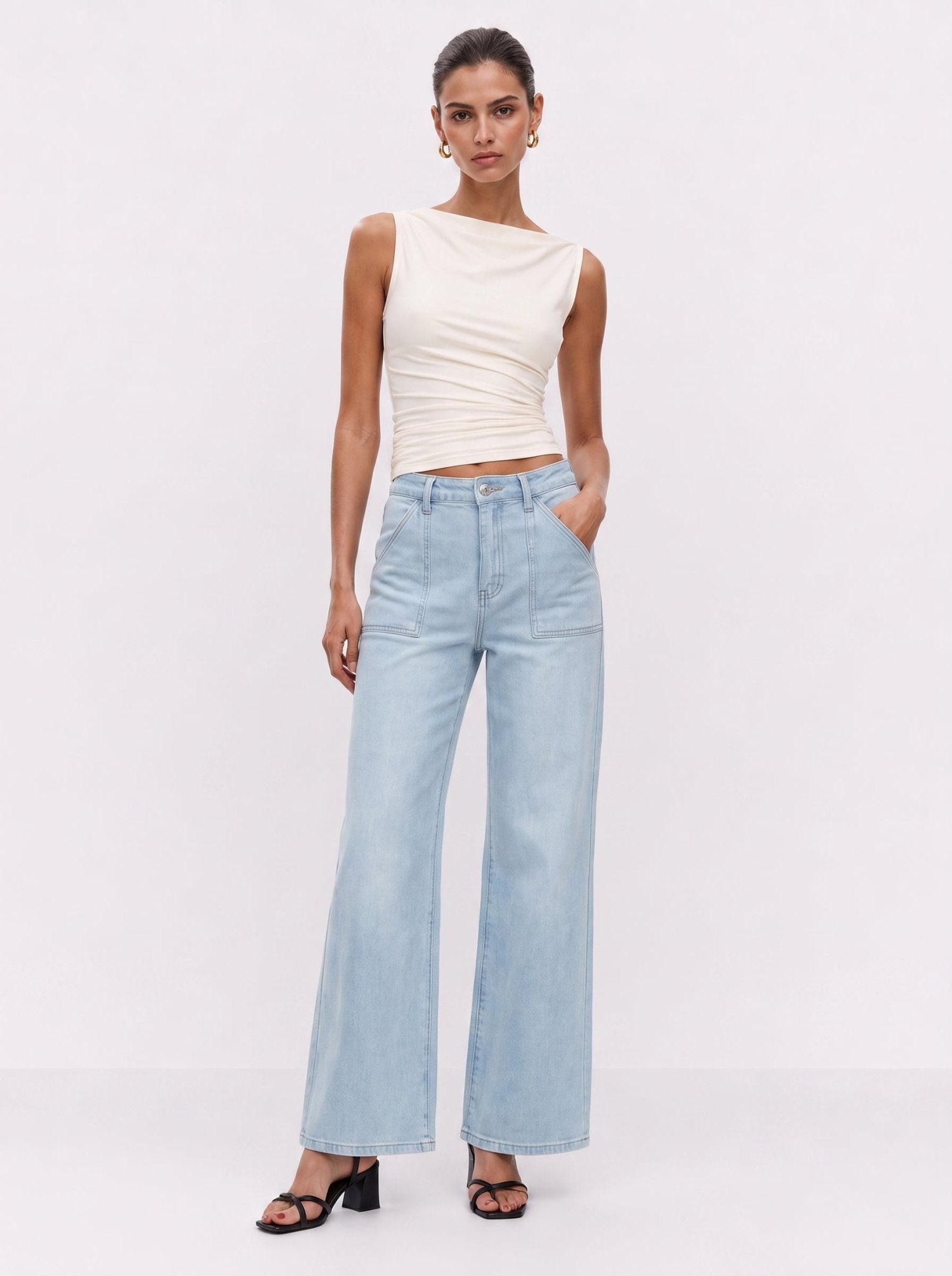 YUCOLEN Women's High Waisted Straight Leg Stretchy Denim Jeans with Pockets in Light Blue
