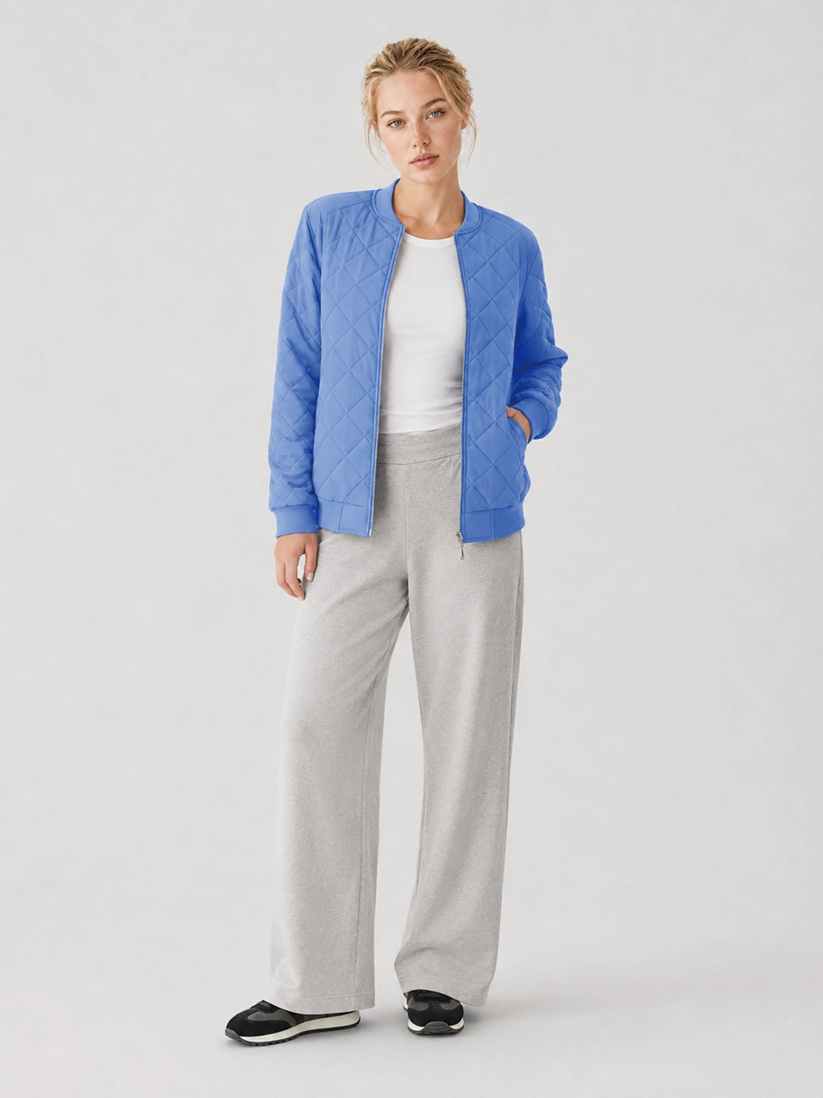 YUCOLEN Women's Lightweight Diamond Quilted Bomber Jacket with Secure Zip Pockets in Light Blue