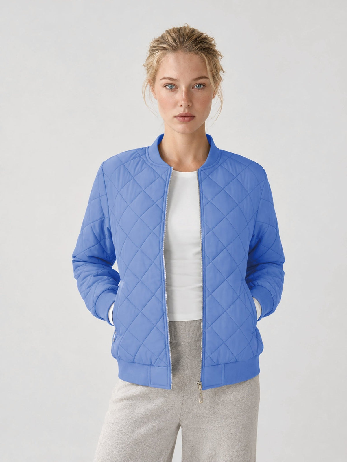 YUCOLEN Women's Lightweight Diamond Quilted Bomber Jacket with Secure Zip Pockets in Light Blue