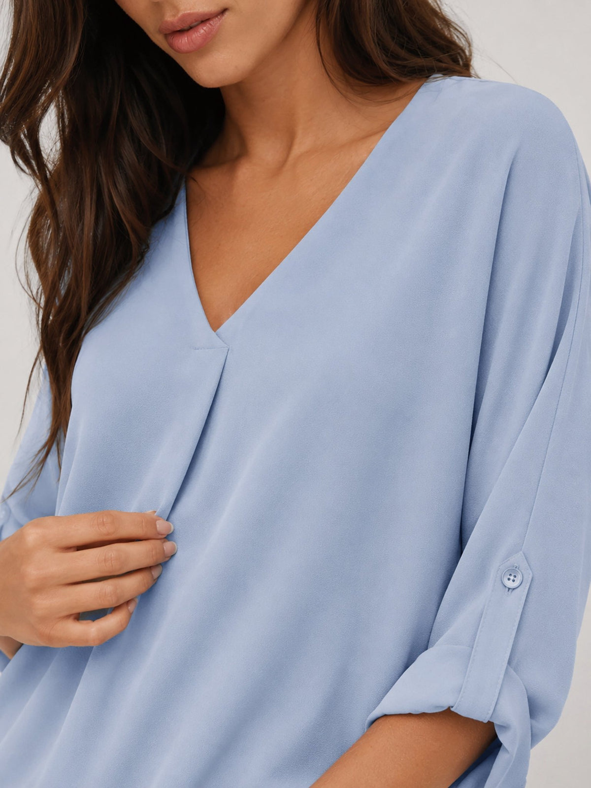 YUCOLEN Women's Lightweight V-Neck Flowy Blouse with 3/4 Flutter Sleeves in Light Blue