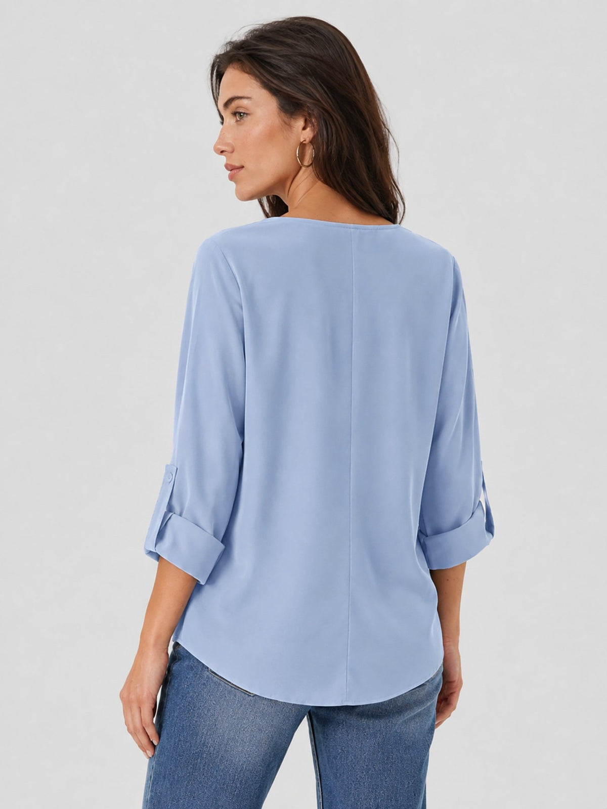 YUCOLEN Women's Lightweight V-Neck Flowy Blouse with 3/4 Flutter Sleeves in Light Blue