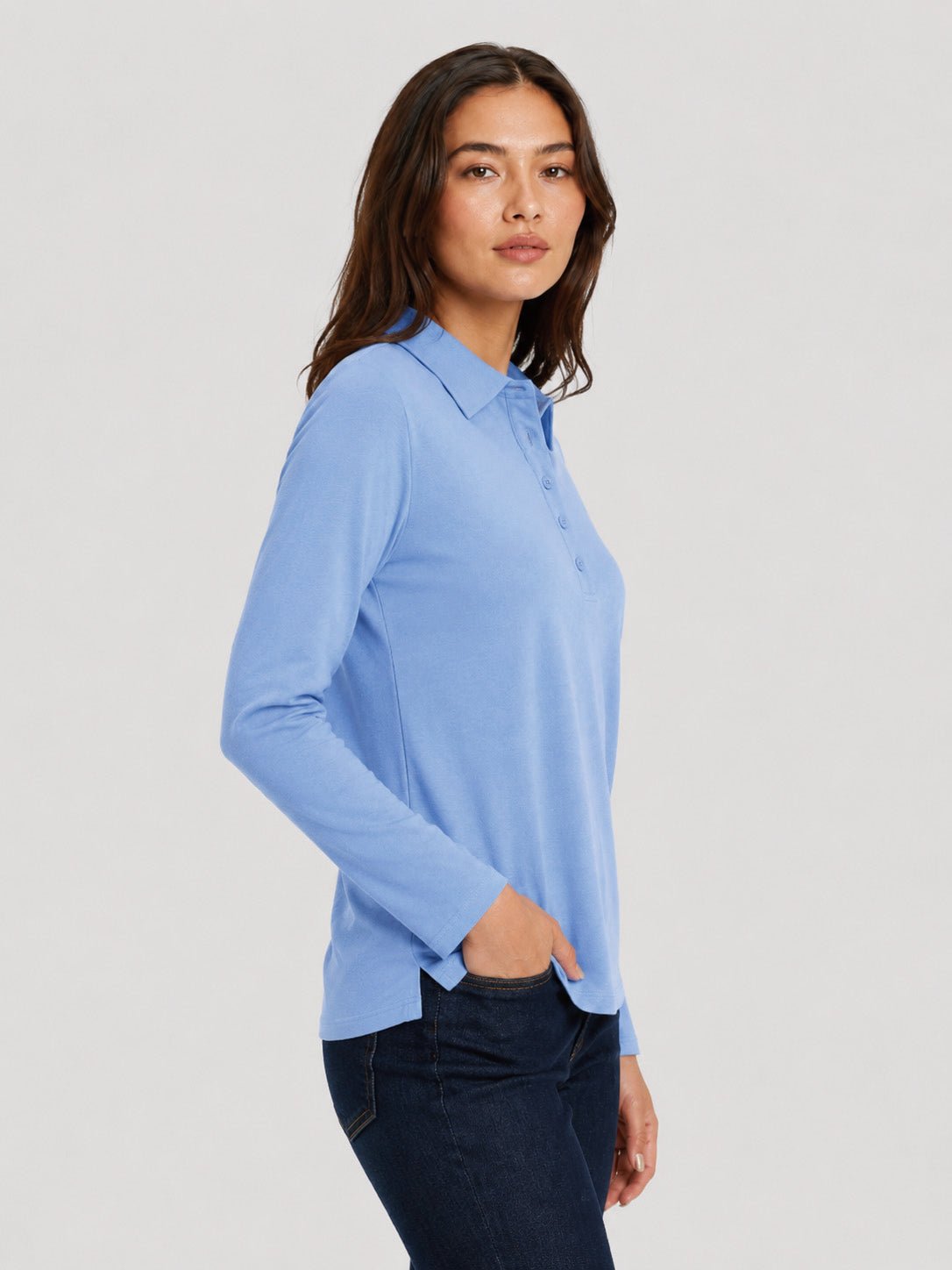 YUCOLEN Women's Long Sleeve Golf Shirt Breathable Cotton Blend 5-Button Top in Light Blue
