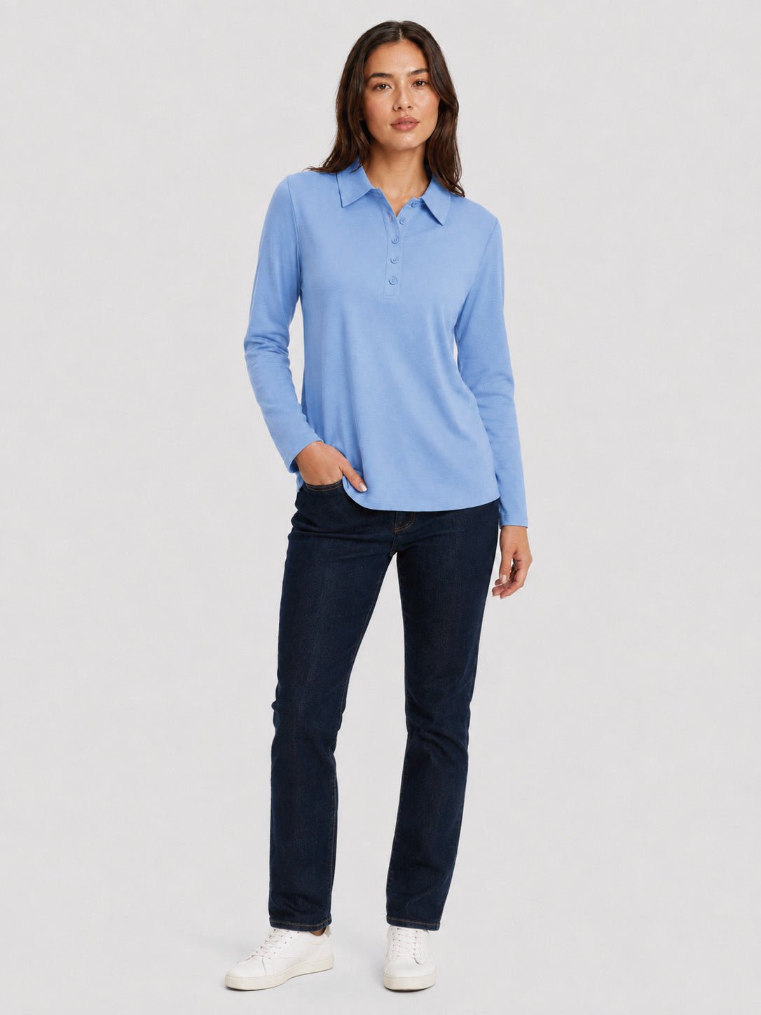YUCOLEN Women's Long Sleeve Golf Shirt Breathable Cotton Blend 5-Button Top in Light Blue