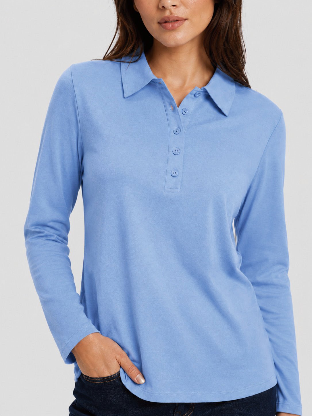 YUCOLEN Women's Long Sleeve Golf Shirt Breathable Cotton Blend 5-Button Top in Light Blue