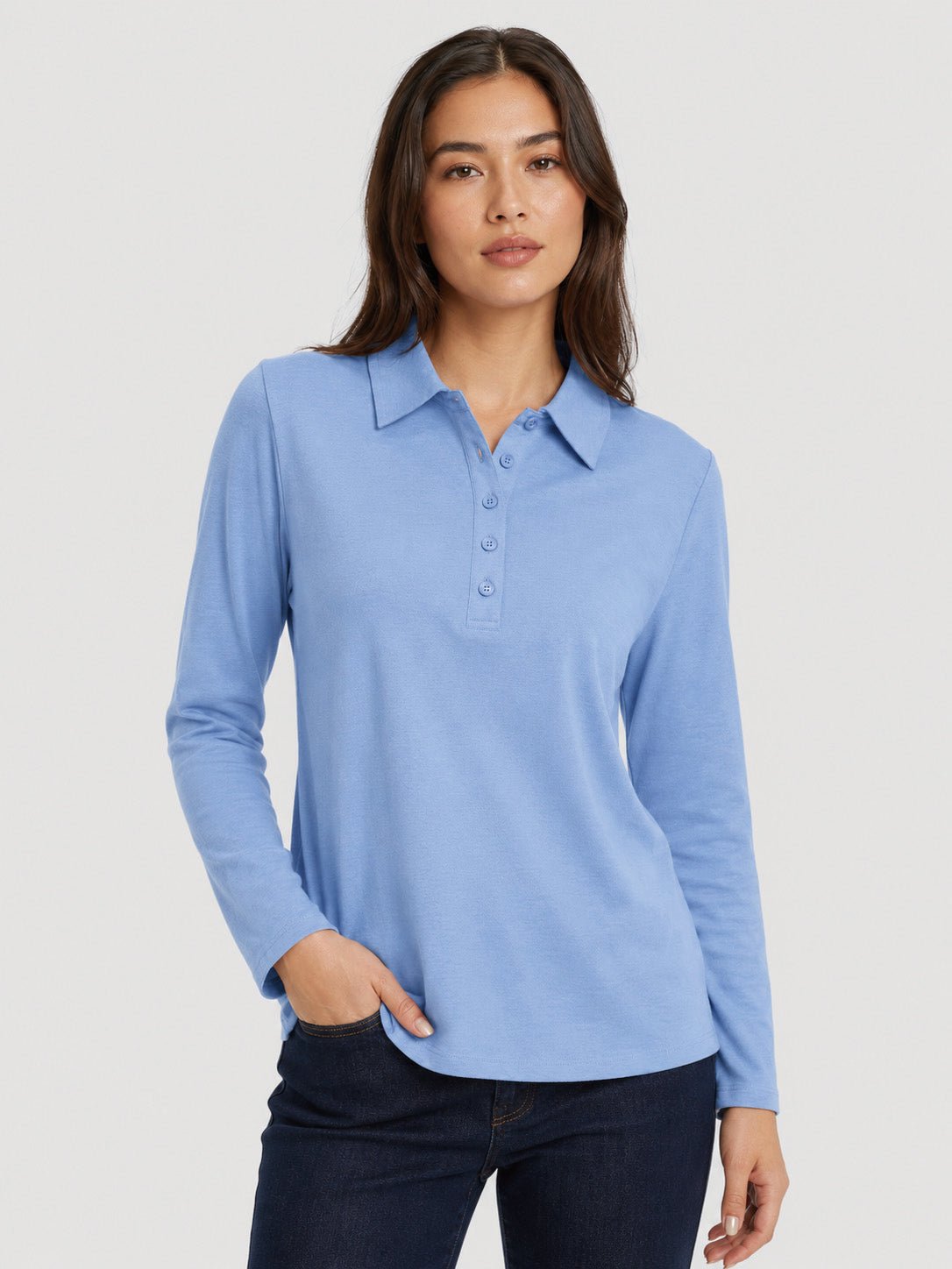YUCOLEN Women's Long Sleeve Golf Shirt Breathable Cotton Blend 5-Button Top in Light Blue