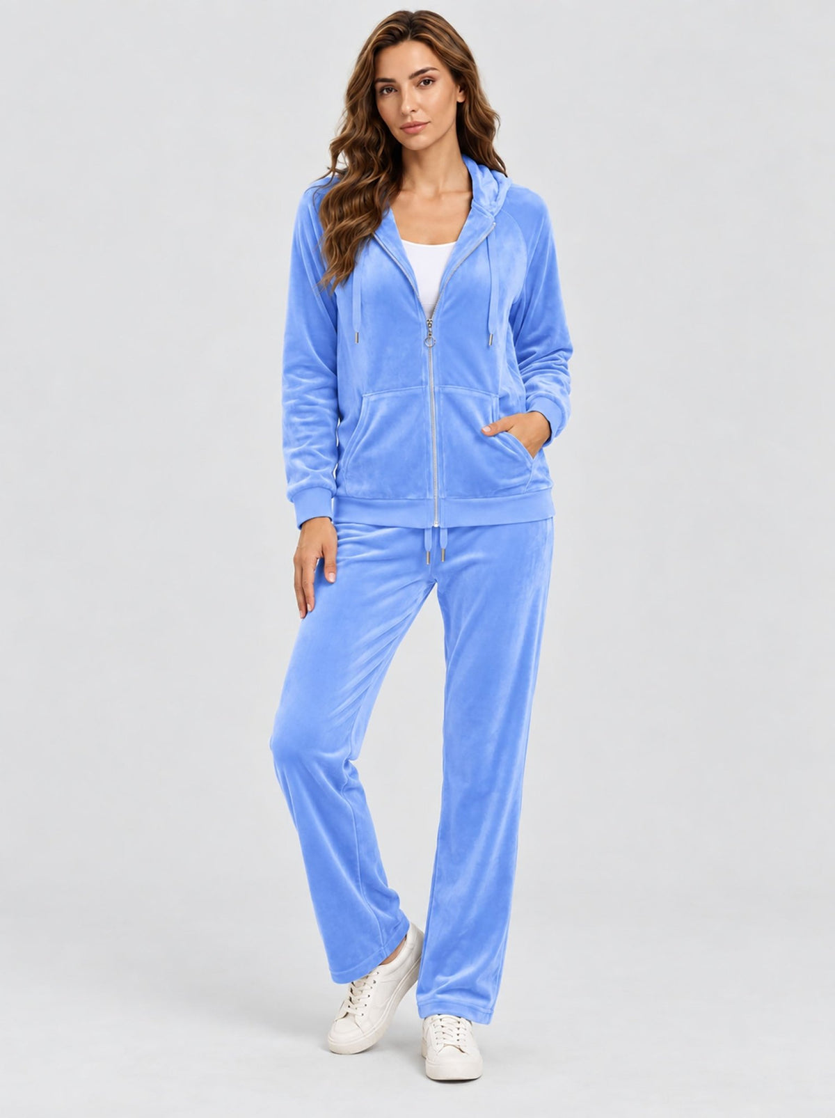 YUCOLEN Women's Soft Velour Full Zip Hooded Jacket with Pockets in Light Blue