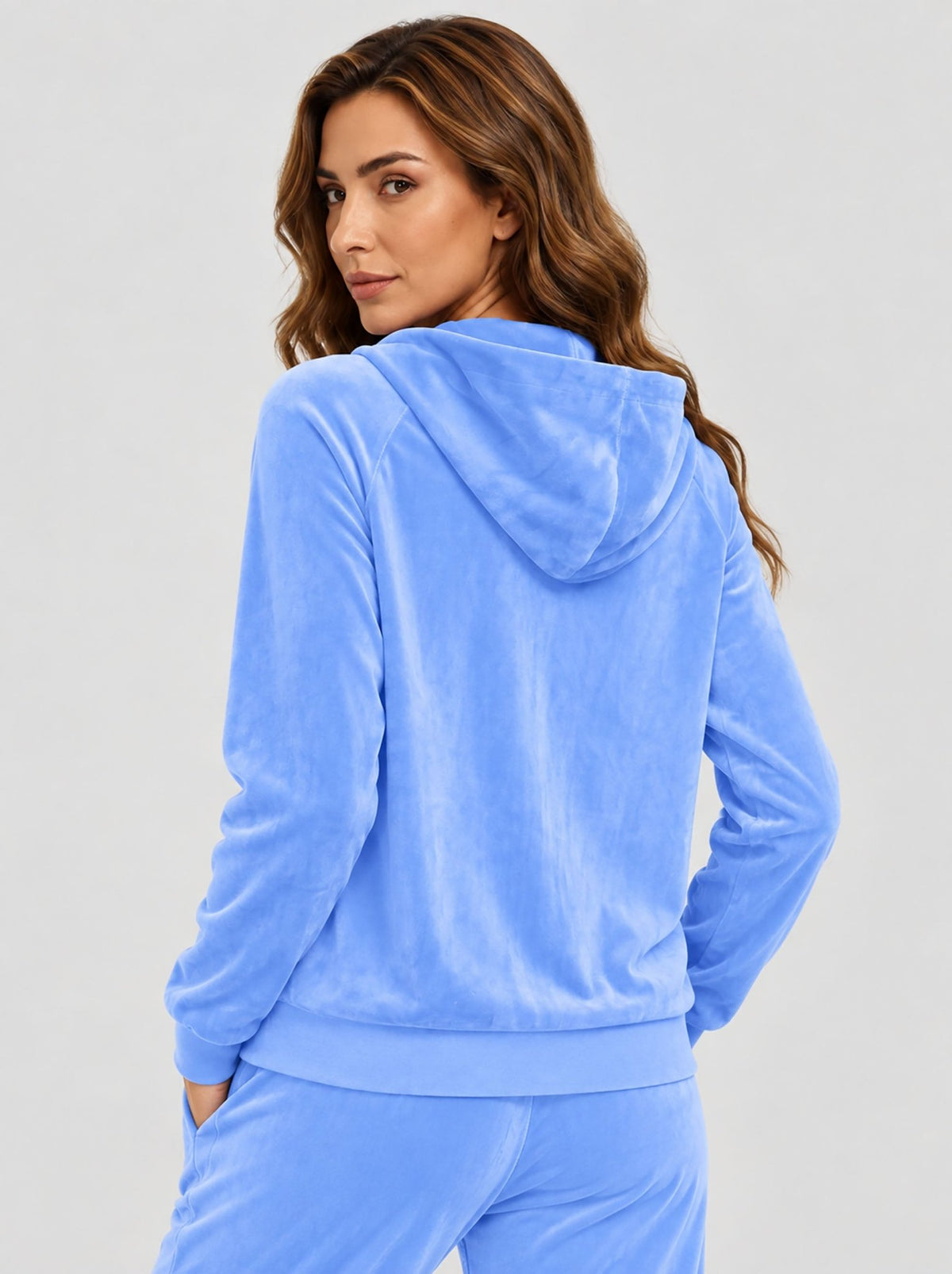 YUCOLEN Women's Soft Velour Full Zip Hooded Jacket with Pockets in Light Blue