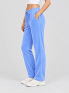 YUCOLEN Women's Soft Velour Straight Leg Pants with Elastic Waist in Light Blue