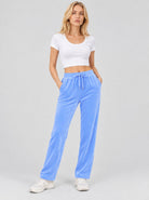 YUCOLEN Women's Soft Velour Straight Leg Pants with Elastic Waist in Light Blue