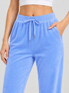 YUCOLEN Women's Soft Velour Straight Leg Pants with Elastic Waist in Light Blue