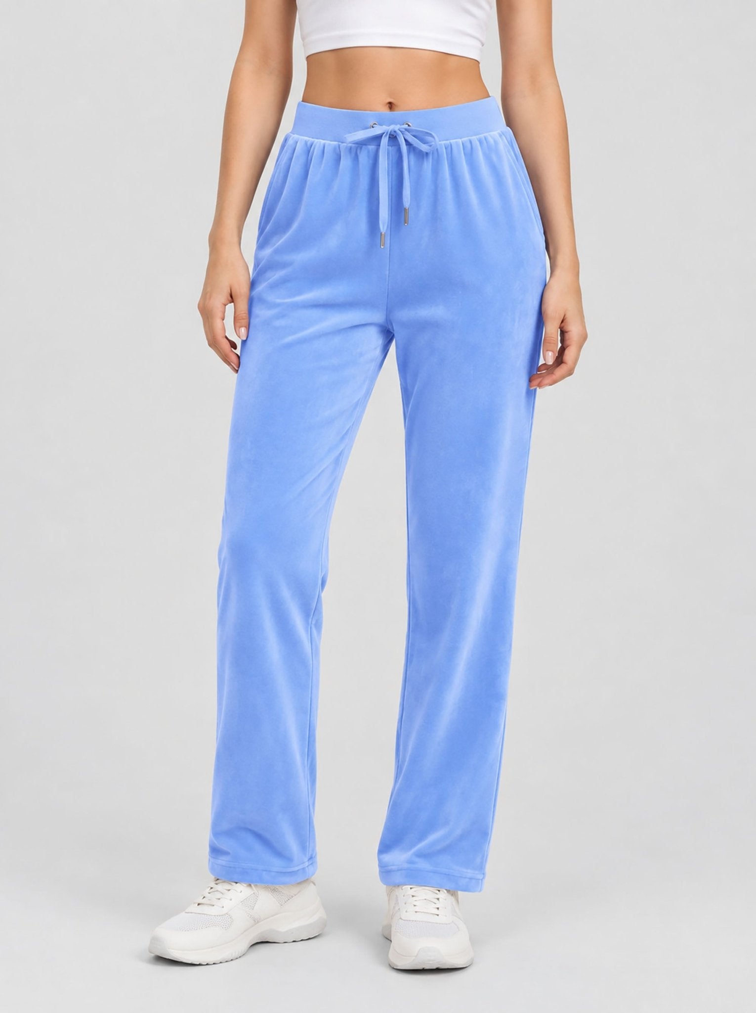 YUCOLEN Women's Soft Velour Straight Leg Pants with Elastic Waist in Light Blue