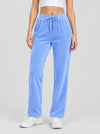 YUCOLEN Women's Soft Velour Straight Leg Pants with Elastic Waist in Light Blue