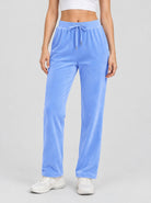 YUCOLEN Women's Soft Velour Straight Leg Pants with Elastic Waist in Light Blue