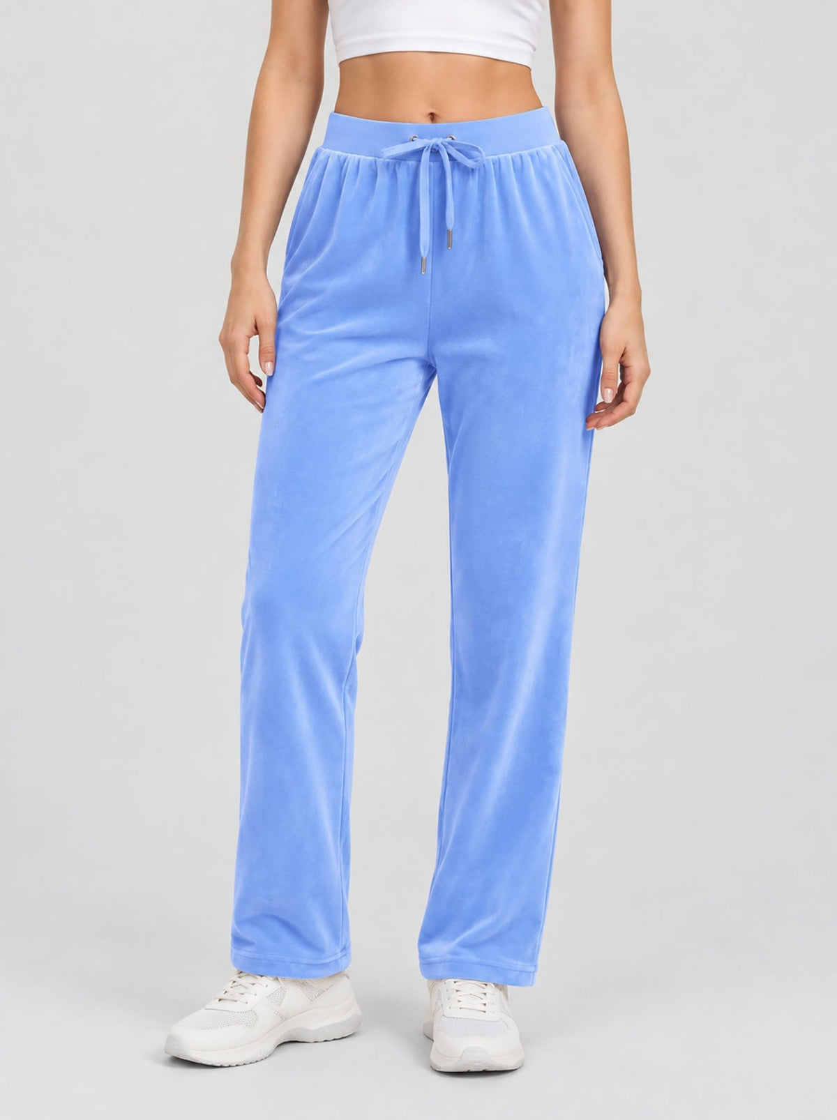 YUCOLEN Women's Soft Velour Straight Leg Pants with Elastic Waist in Light Blue