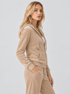 YUCOLEN Women's Soft Velour Full Zip Hooded Jacket with Pockets in Light Brown