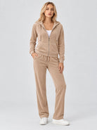 YUCOLEN Women's Soft Velour Full Zip Hooded Jacket with Pockets in Light Brown