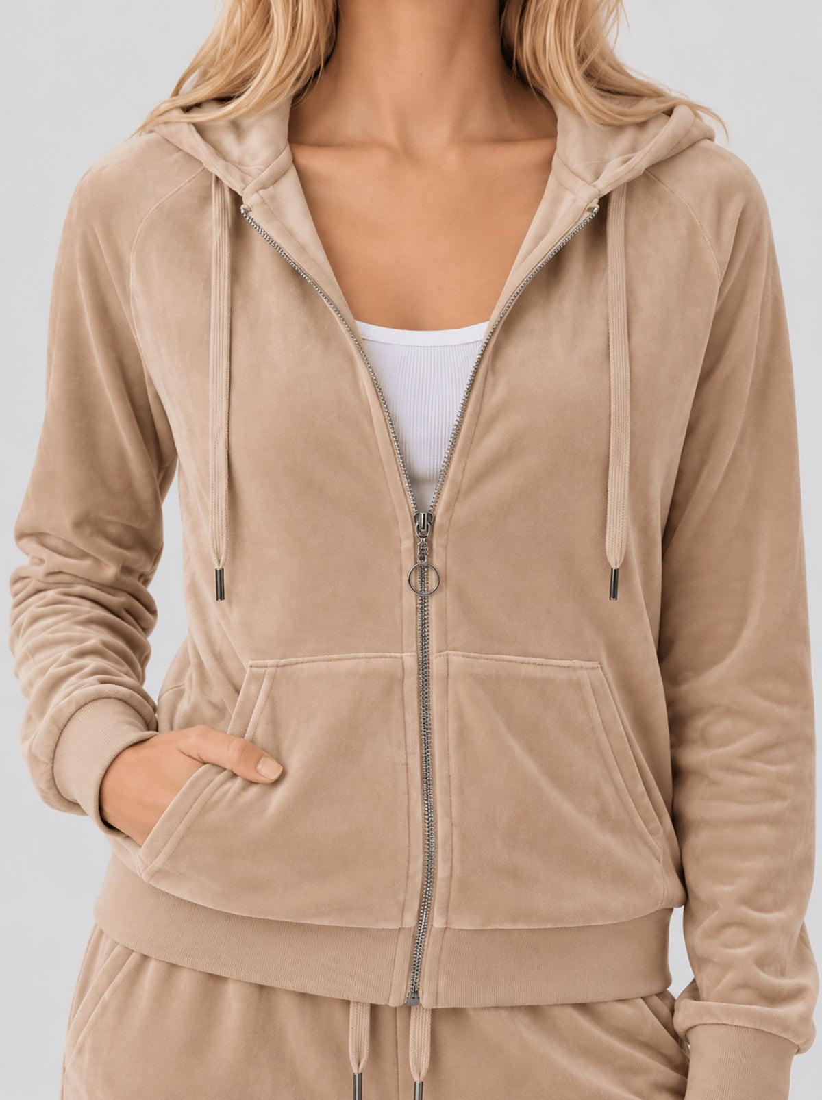YUCOLEN Women's Soft Velour Full Zip Hooded Jacket with Pockets in Light Brown