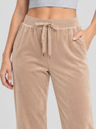 YUCOLEN Women's Soft Velour Straight Leg Pants with Elastic Waist in Light Brown