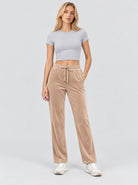 YUCOLEN Women's Soft Velour Straight Leg Pants with Elastic Waist in Light Brown