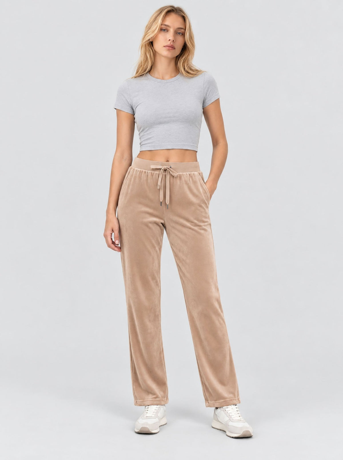 YUCOLEN Women's Soft Velour Straight Leg Pants with Elastic Waist in Light Brown