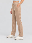 YUCOLEN Women's Soft Velour Straight Leg Pants with Elastic Waist in Light Brown