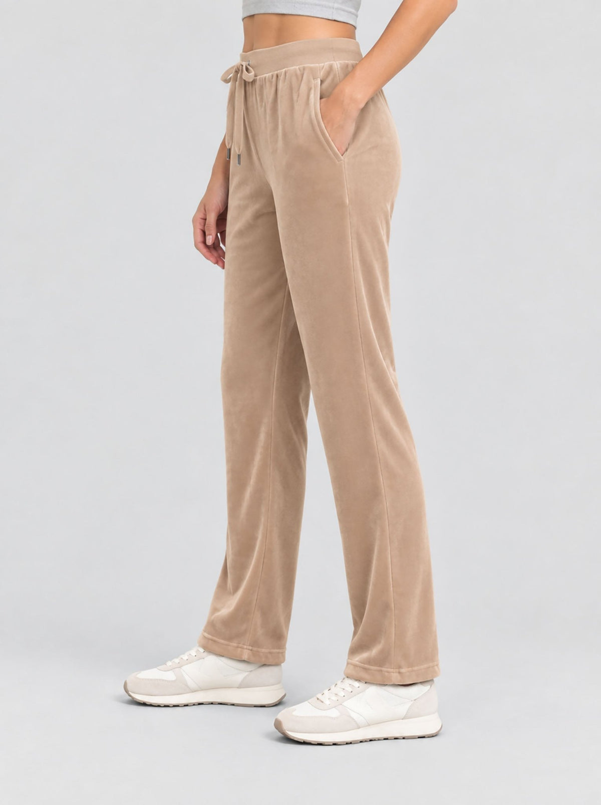 YUCOLEN Women's Soft Velour Straight Leg Pants with Elastic Waist in Light Brown