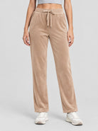 YUCOLEN Women's Soft Velour Straight Leg Pants with Elastic Waist in Light Brown
