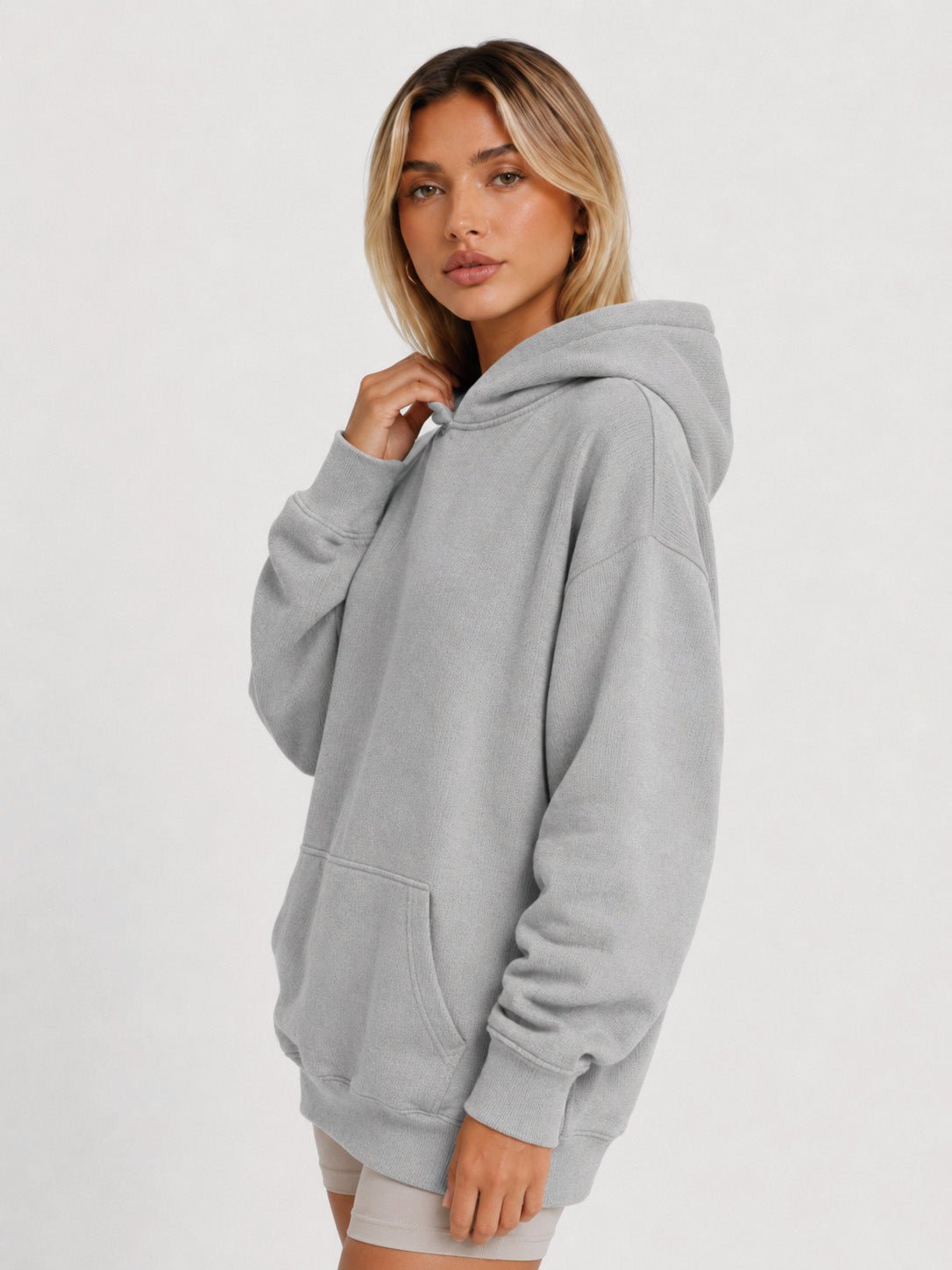 YUCOLEN Women's Oversized Textured Fleece Hoodie Loose Pullover Sweatshirt with Kangaroo Pocket in Light Gray
