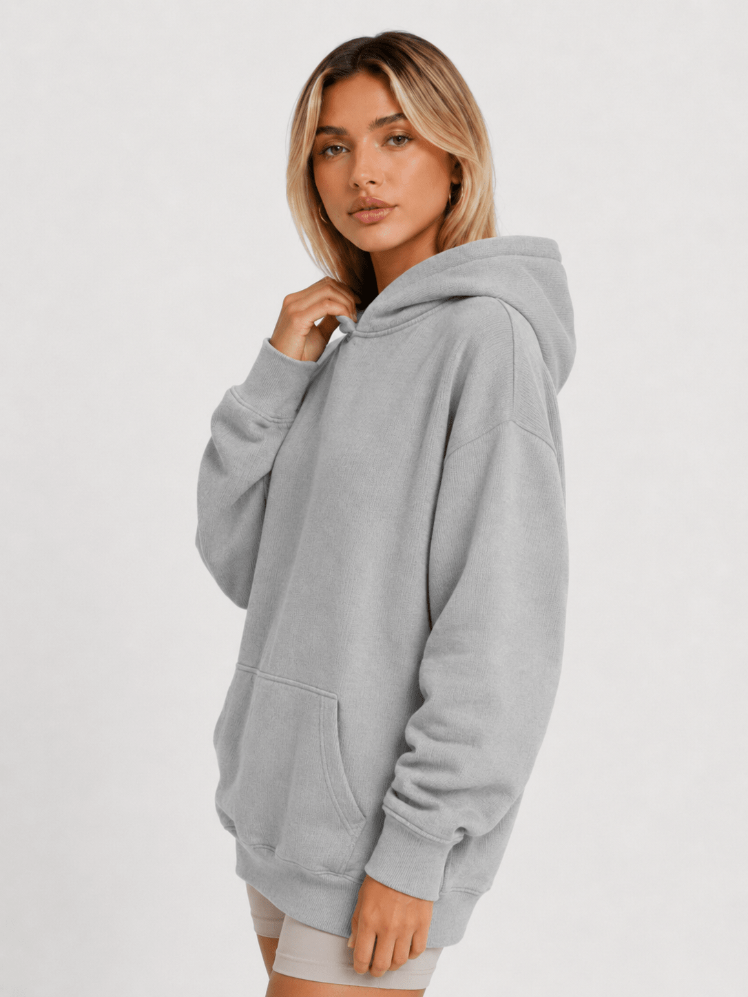 YUCOLEN Women's Oversized Textured Fleece Hoodie Loose Pullover Sweatshirt with Kangaroo Pocket in Light Gray