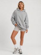 YUCOLEN Women's Oversized Textured Fleece Hoodie Loose Pullover Sweatshirt with Kangaroo Pocket in Light Gray