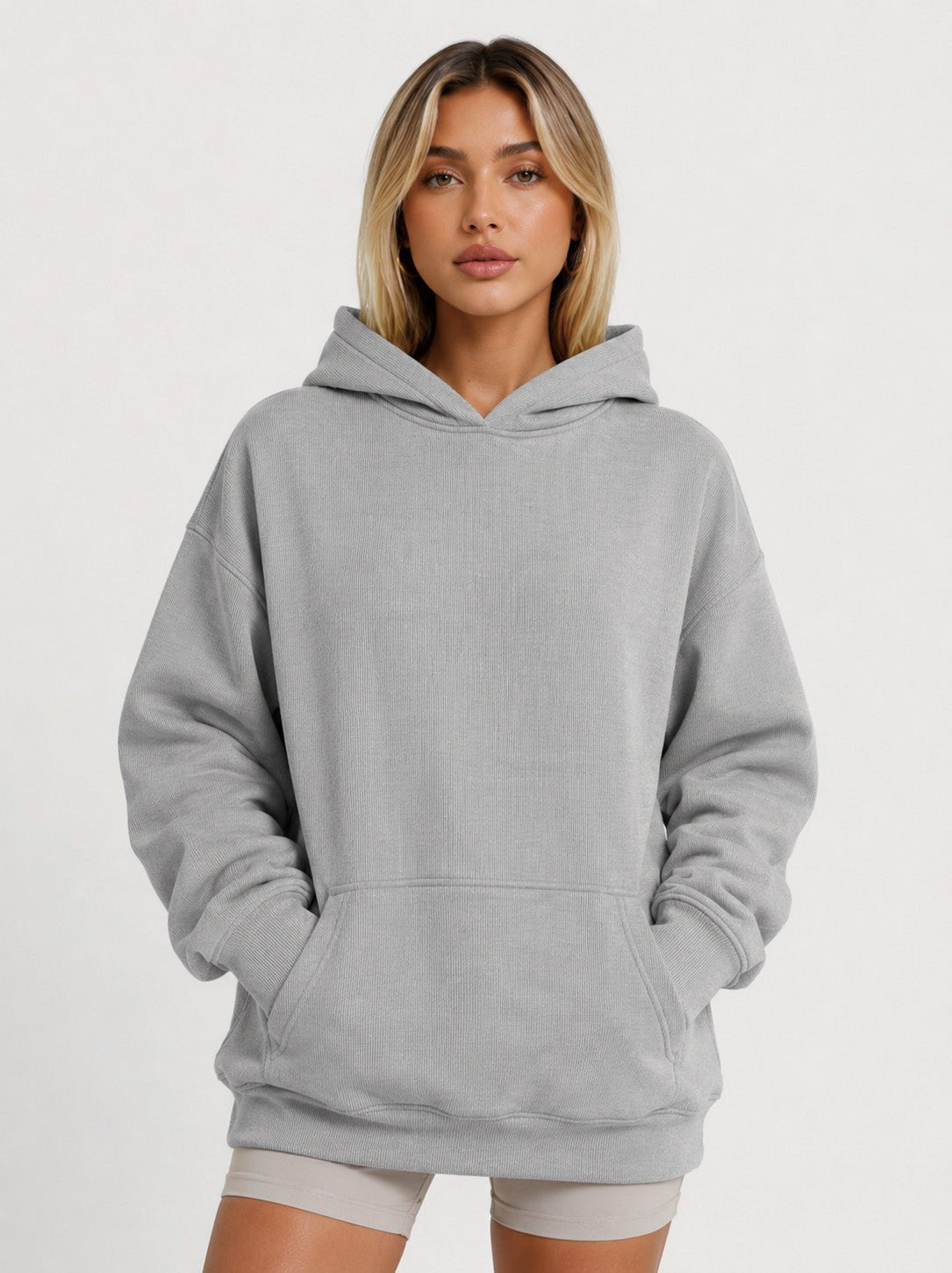YUCOLEN Women's Oversized Textured Fleece Hoodie Loose Pullover Sweatshirt with Kangaroo Pocket in Light Gray