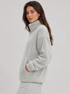 YUCOLEN Women's Stretchy Half Zip Fuzzy Sherpa Pullover with Kangaroo Pocket in Light Gray