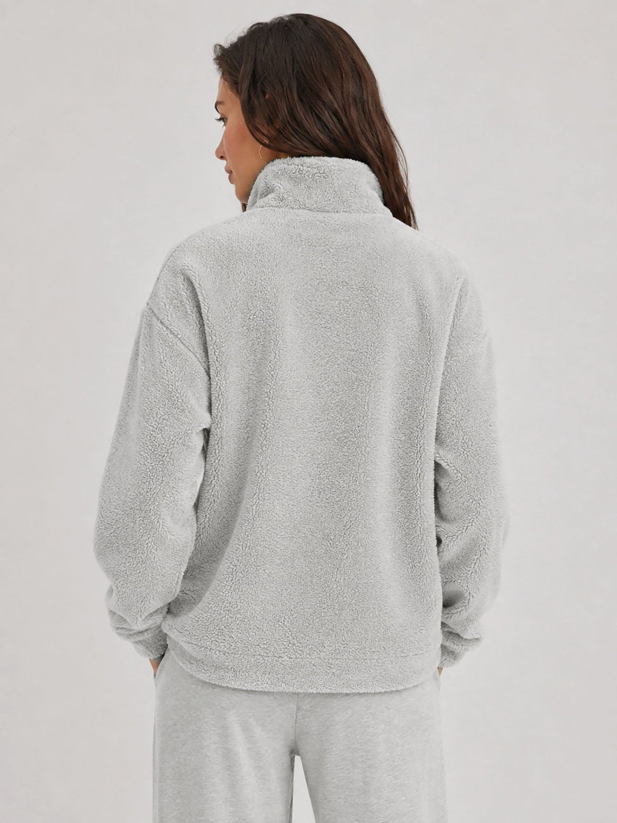 YUCOLEN Women's Stretchy Half Zip Fuzzy Sherpa Pullover with Kangaroo Pocket in Light Gray