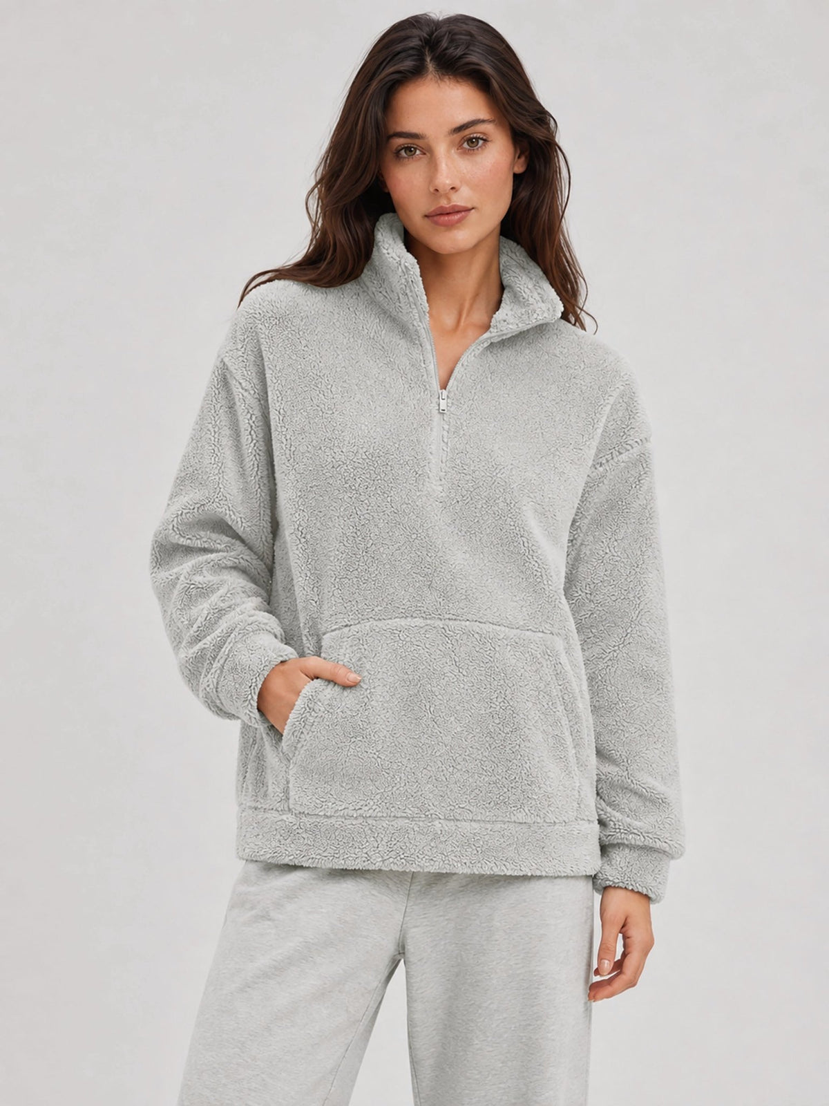 YUCOLEN Women's Stretchy Half Zip Fuzzy Sherpa Pullover with Kangaroo Pocket in Light Gray