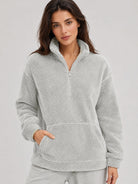 YUCOLEN Women's Stretchy Half Zip Fuzzy Sherpa Pullover with Kangaroo Pocket in Light Gray