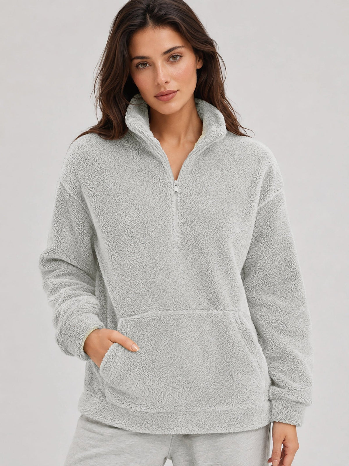 YUCOLEN Women's Stretchy Half Zip Fuzzy Sherpa Pullover with Kangaroo Pocket in Light Gray