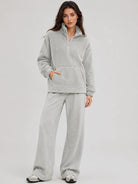 YUCOLEN Women's Stretchy Half Zip Fuzzy Sherpa Pullover with Kangaroo Pocket in Light Gray