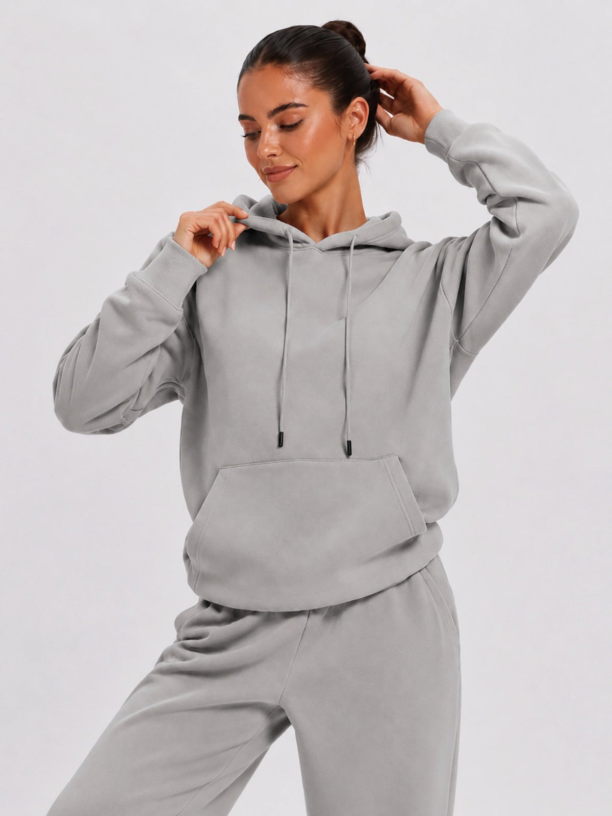 YUCOLEN Unisex Oversized Cotton Fleece Hoodie with Kangaroo Pocket in Light Grey