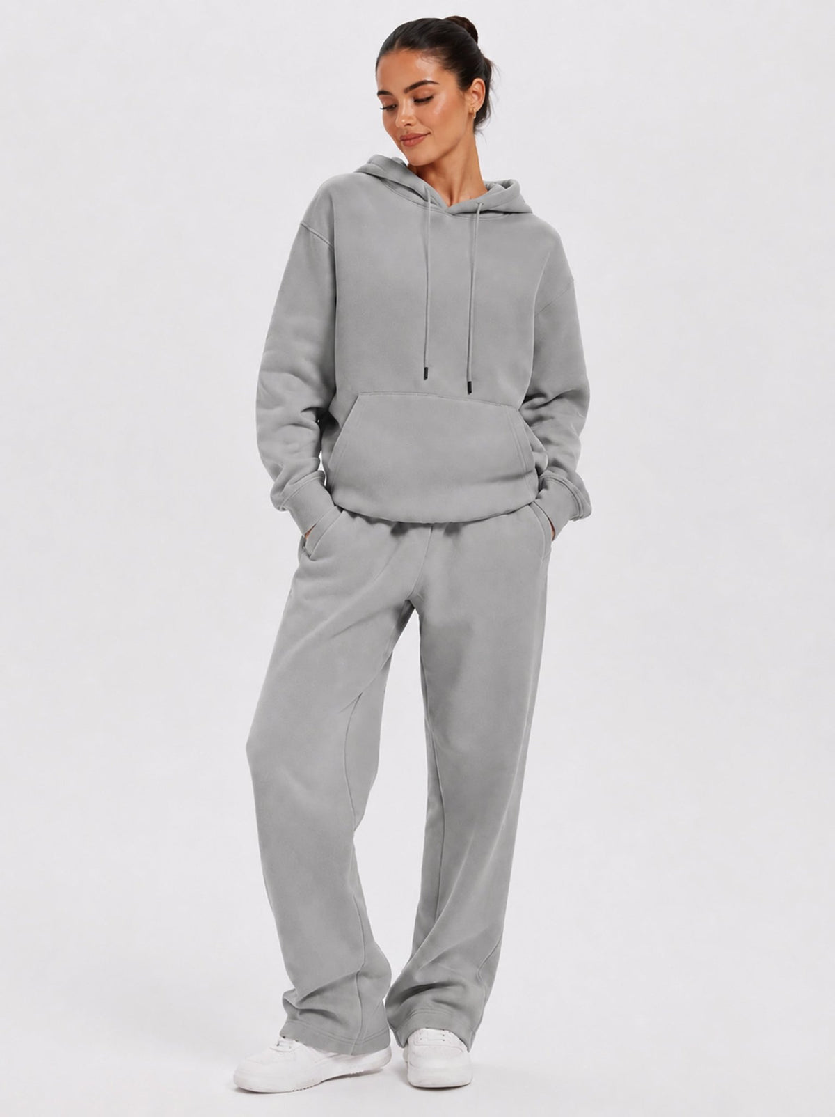 YUCOLEN Unisex Oversized Cotton Fleece Hoodie with Kangaroo Pocket in Light Grey