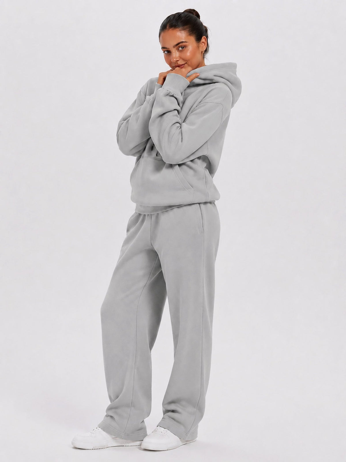 YUCOLEN Unisex Oversized Cotton Fleece Hoodie with Kangaroo Pocket in Light Grey
