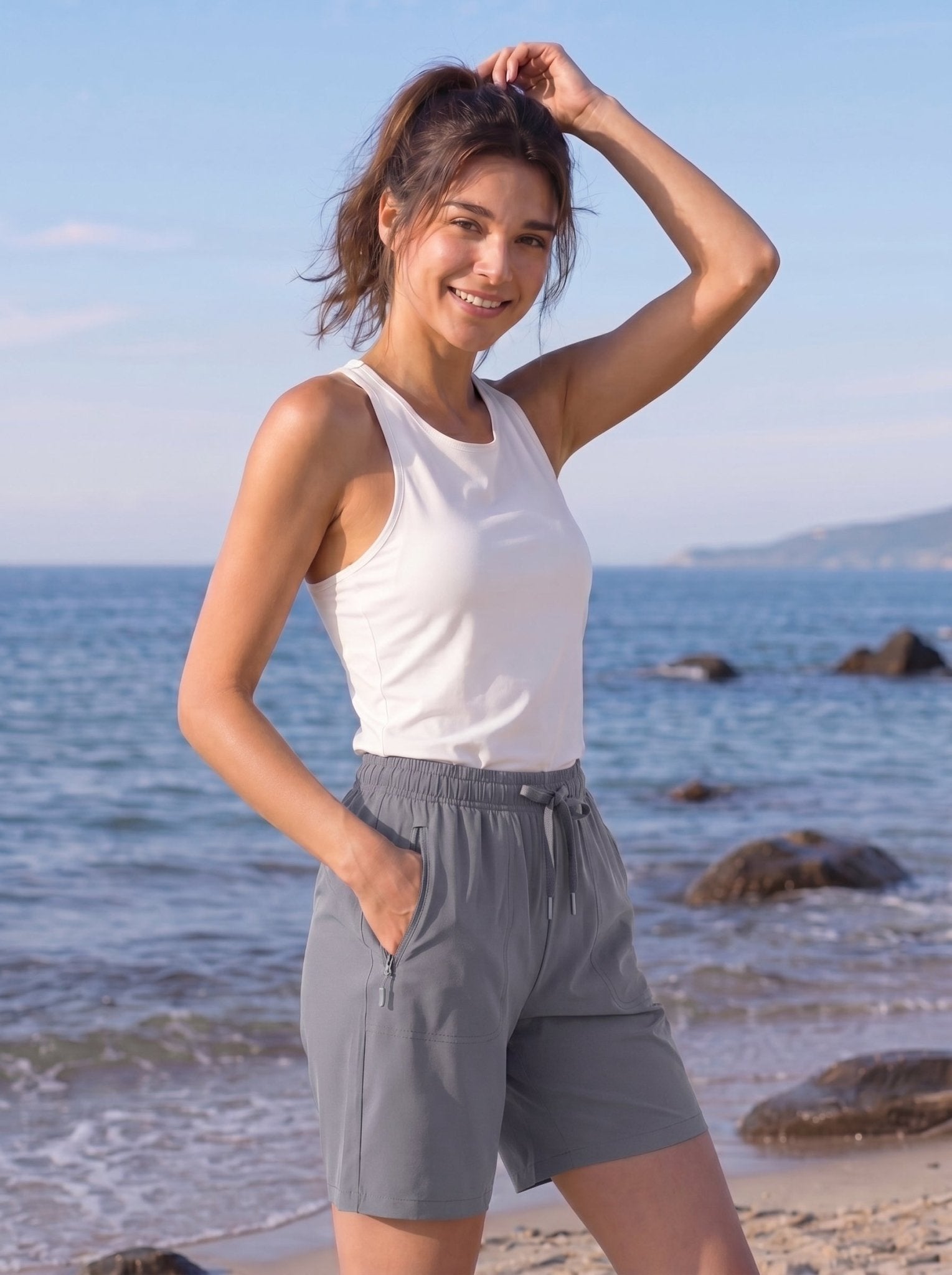 YUCOLEN Women 8 Inch Inseam Hiking Shorts - Water Resistant Quick Dry Golf Shorts with Zipper Pockets in Light Grey