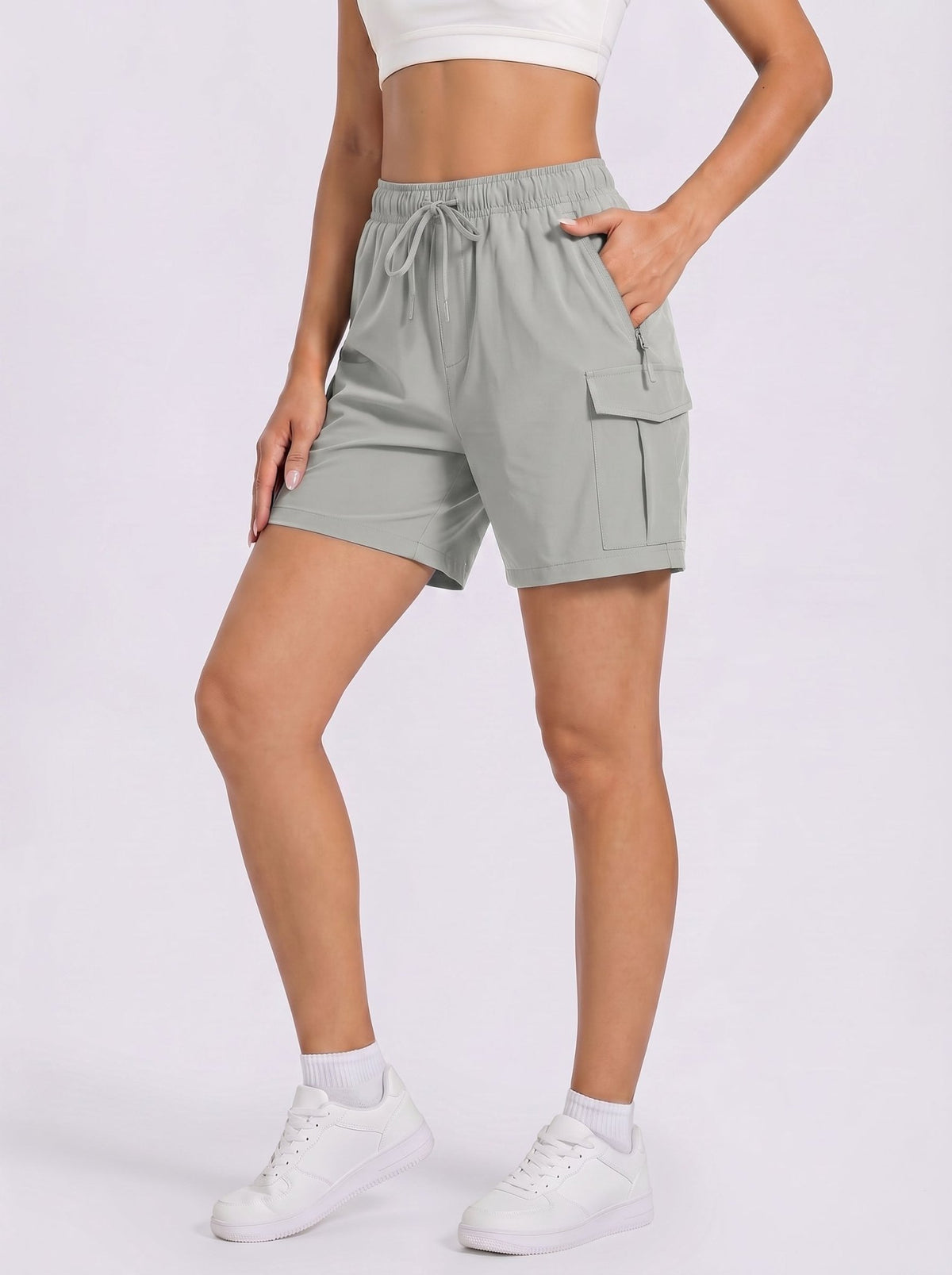 YUCOLEN Women's 5 Inch Quick Dry Hiking Cargo Shorts UPF 50 Plus Lightweight Athletic Shorts in Light Grey