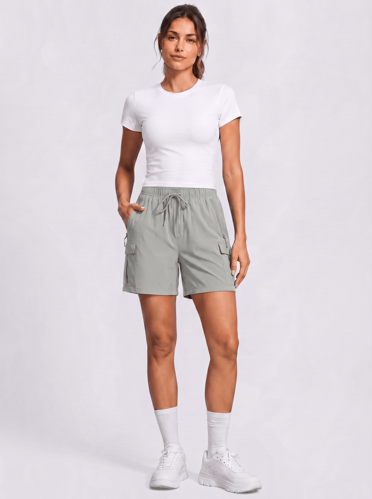 YUCOLEN Women's 5 Inch Quick Dry Hiking Cargo Shorts UPF 50 Plus Lightweight Athletic Shorts in Light Grey