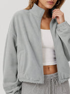 YUCOLEN Women's Cropped Fleece Jacket Full Zip Lightweight Workout Coat in Light Grey