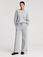 YUCOLEN Women's Fleece Lined Wide Leg Sweatpants Thermal Cotton Lounge Pants with Side Slits in Light Grey