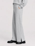 YUCOLEN Women's Fleece Lined Wide Leg Sweatpants Thermal Cotton Lounge Pants with Side Slits in Light Grey
