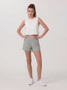 YUCOLEN Women's High Waisted Lightweight Running Shorts - Stretch Workout Shorts in Light Grey