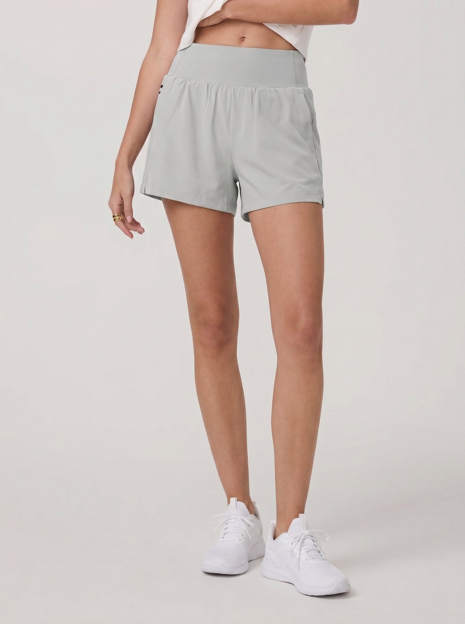 YUCOLEN Women's High Waisted Lightweight Running Shorts - Stretch Workout Shorts in Light Grey