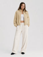 YUCOLEN Women's Cropped Fleece Jacket Full Zip Lightweight Workout Coat in Light Khaki