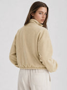 YUCOLEN Women's Cropped Fleece Jacket Full Zip Lightweight Workout Coat in Light Khaki